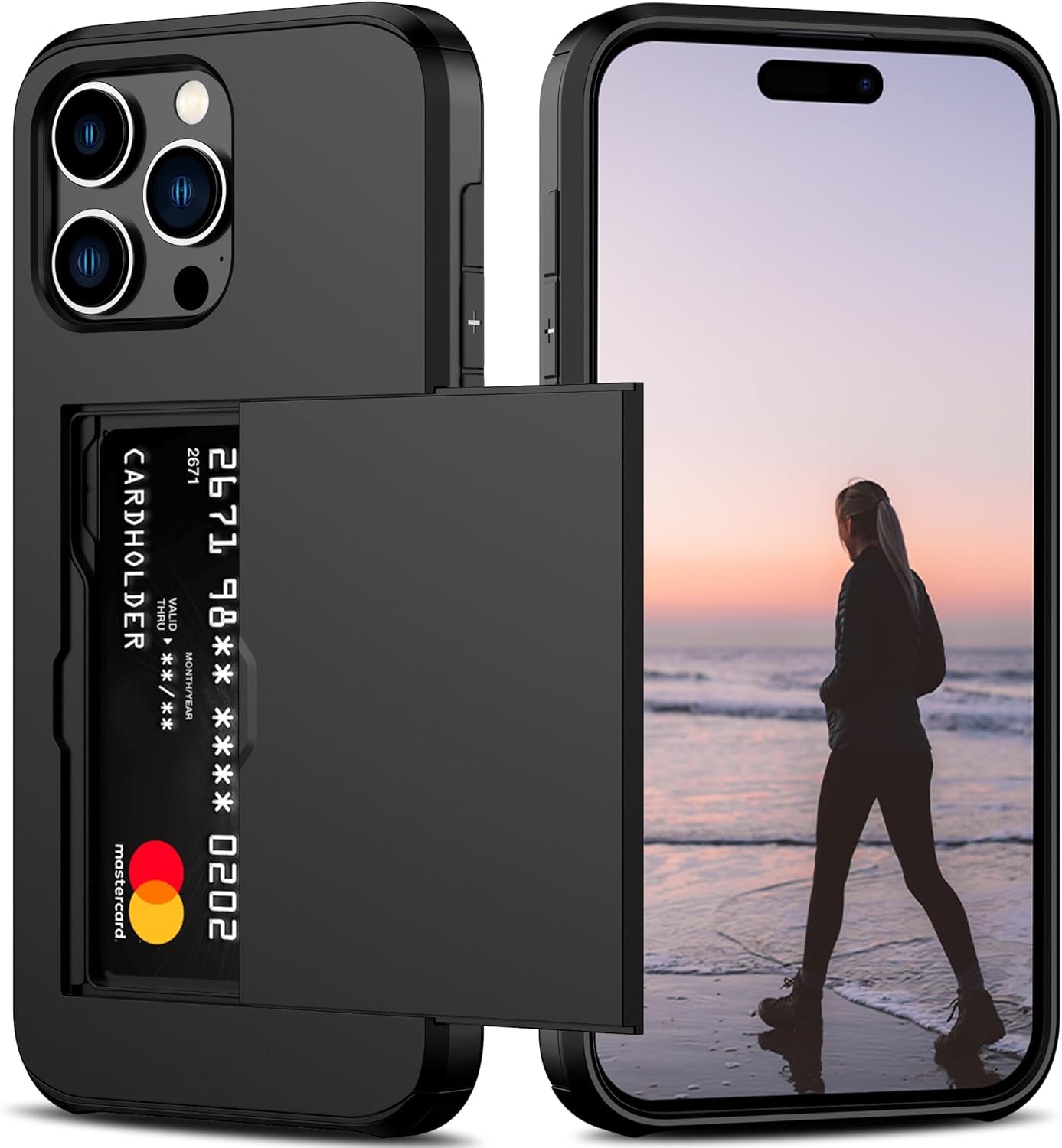 Compatible with Iphone 15 Pro Max Case with Card Holder Heavy Duty Protective Dual Layer Shockproof Hidden Card Slot Slim Wallet Phone Cover for Women&Men 6.7 Inch(Black)